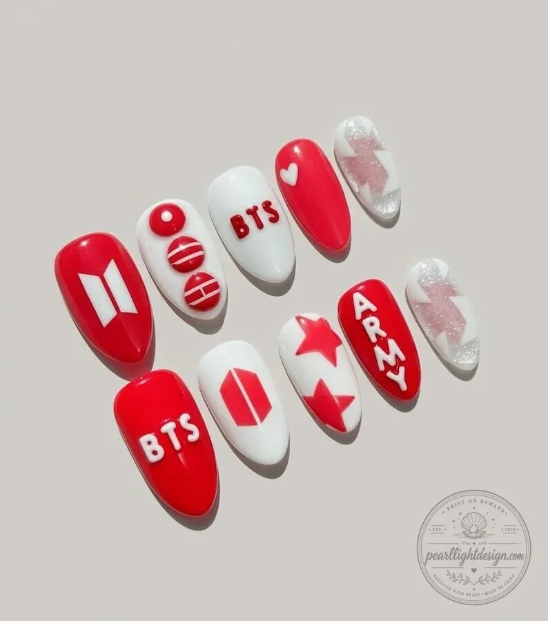 BTS Bangtan Boys K-Pop Fan Red White Press On Nails Set