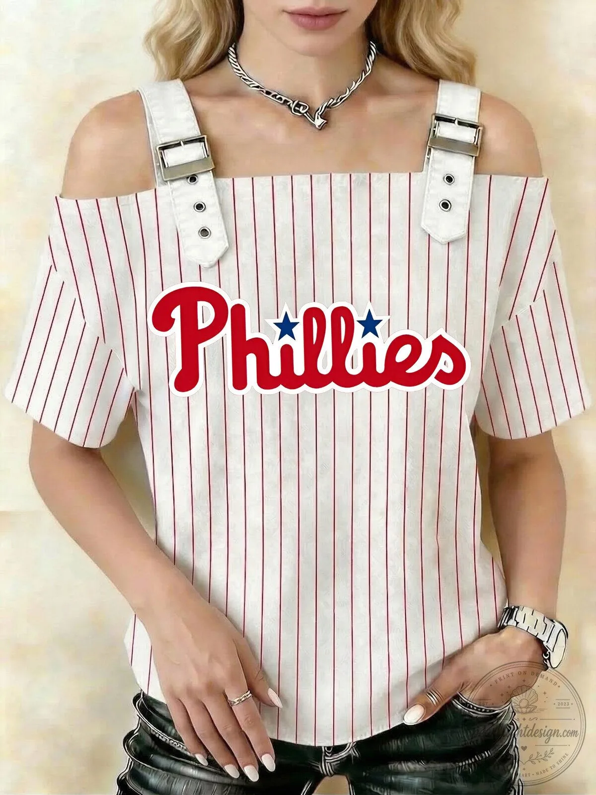 Philadelphia Phillies Pinstripe Double Buckle Cold Shoulder Top 5 Philadelphia Phillies Pinstripe Double Buckle Cold Shoulder Top