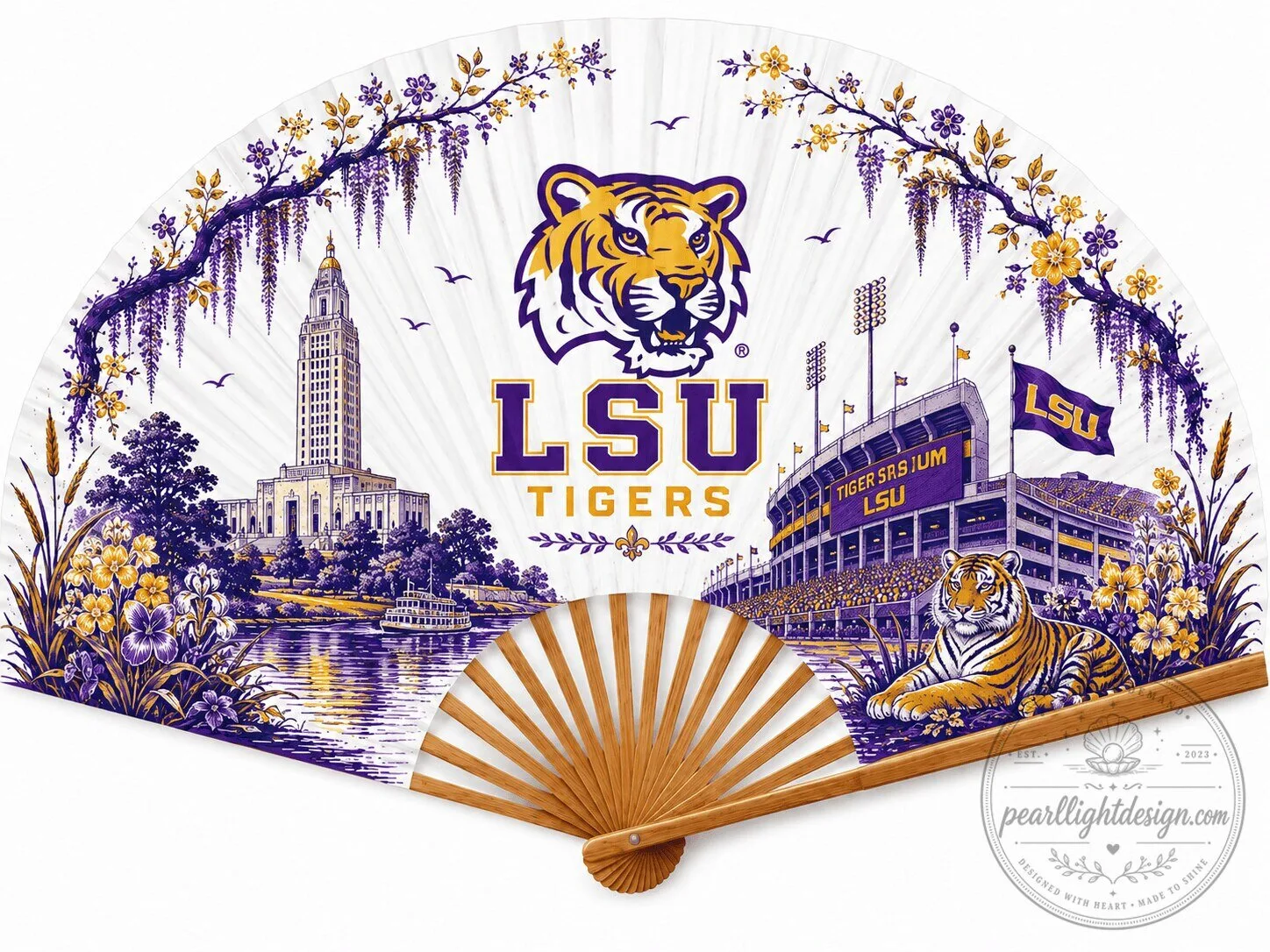 Louisiana State University Tigers Stadium and Mascot Folding Hand Fan 1 Louisiana State University Tigers Stadium and Mascot Folding Hand Fan