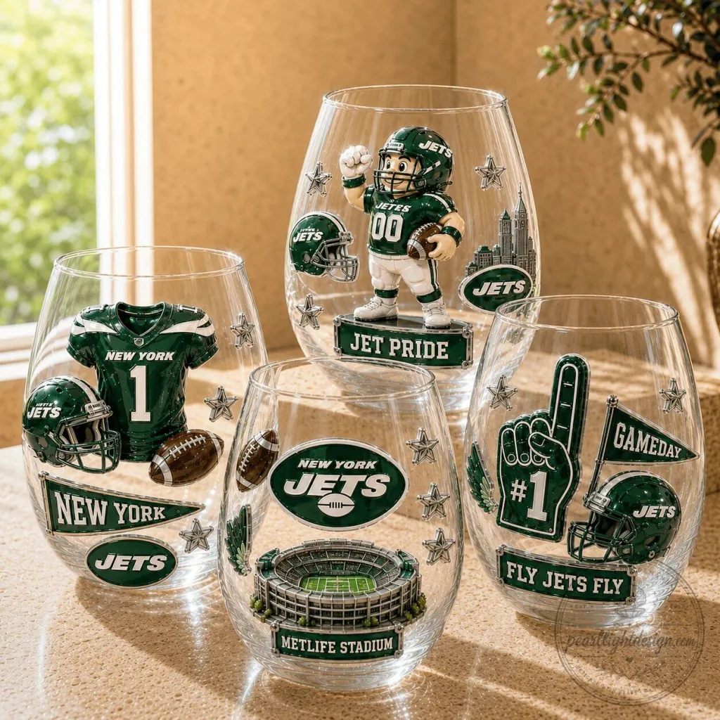 New York Jets Football Team Fan Art Stemless Wine Glass Set New York Jets Football Team Fan Art Stemless Wine Glass Set