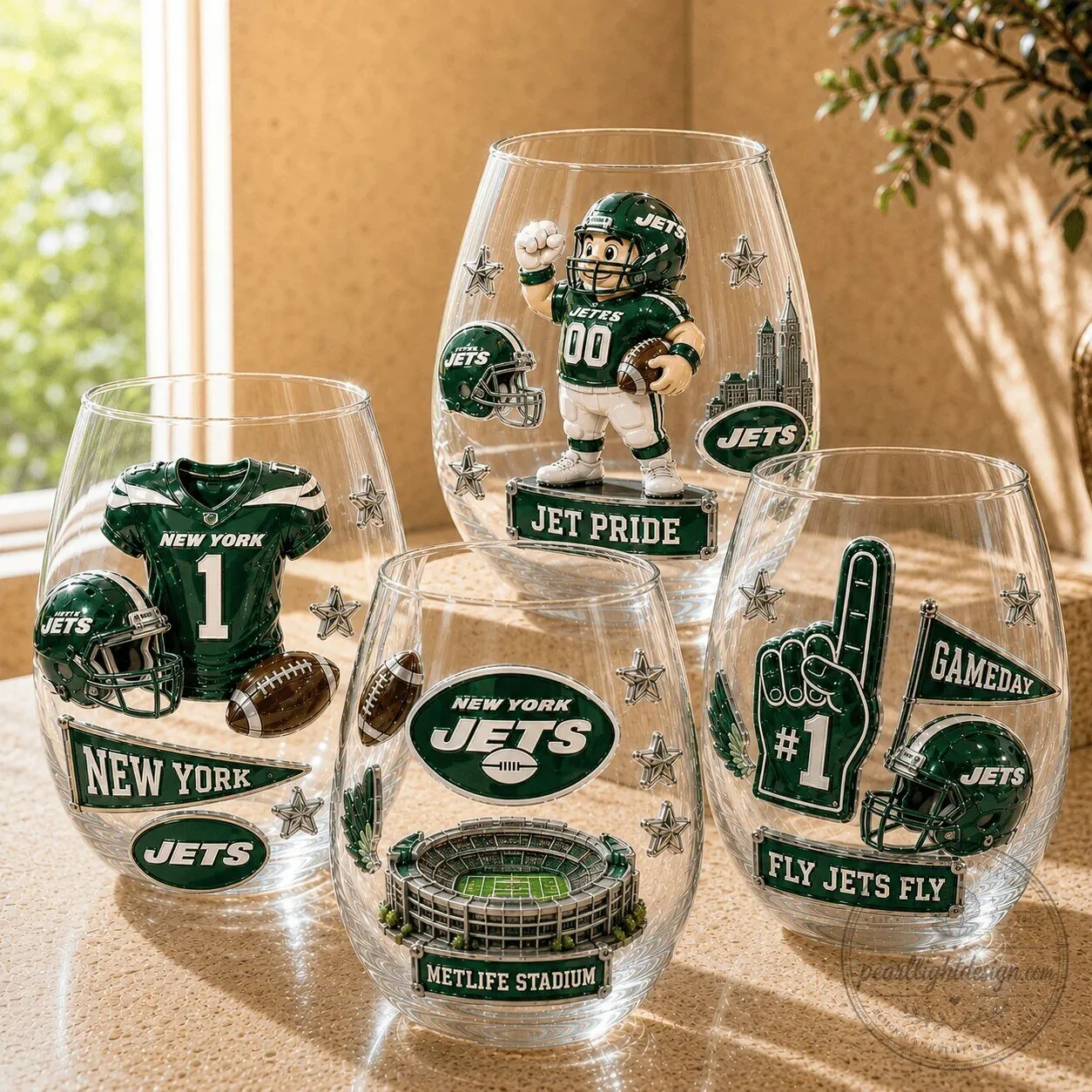 New York Jets Football Team Fan Art Stemless Wine Glass Set