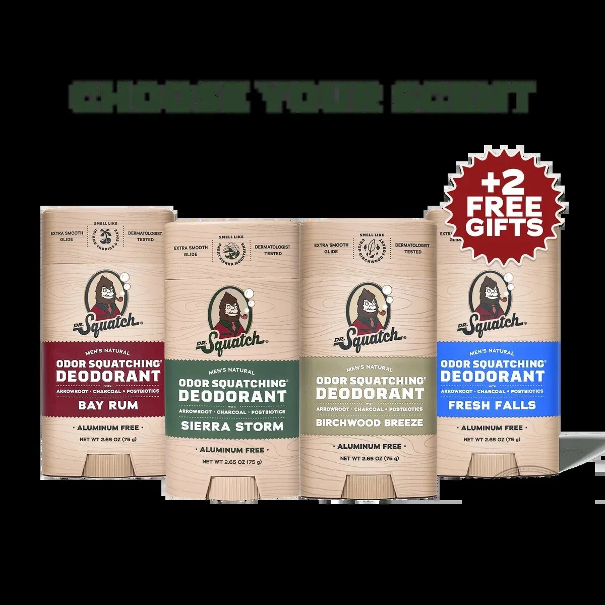Dr. Squatch Odor Squatching Natural Deodorant 4-Pack with Bay Rum, Sierra Storm, Birchwood Breeze, Fresh Falls