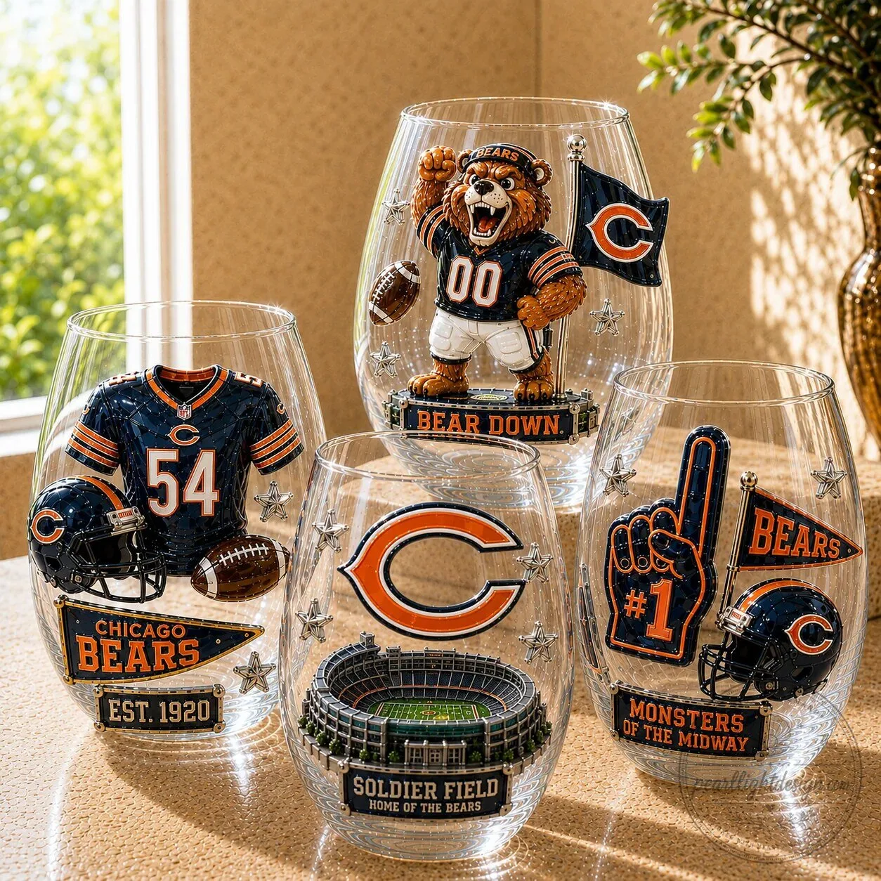 Chicago Bears NFL Football Team Wine Glass Set with Stadium and Mascot Designs 4 Chicago Bears NFL Football Team Wine Glass Set with Stadium and Mascot Designs