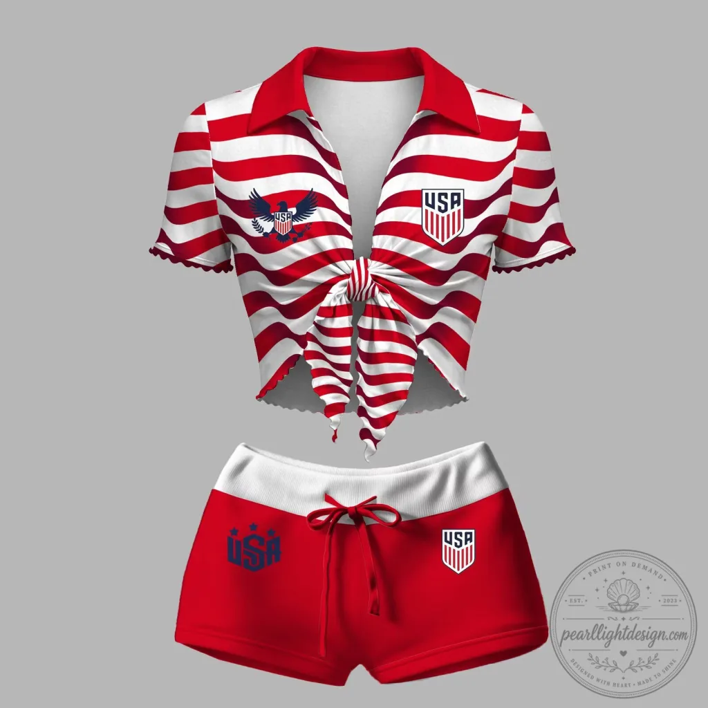 United States Soccer Women's Red and White Striped Knot Front Top and Shorts Set United States Soccer Women's Red and White Striped Knot Front Top and Shorts Set
