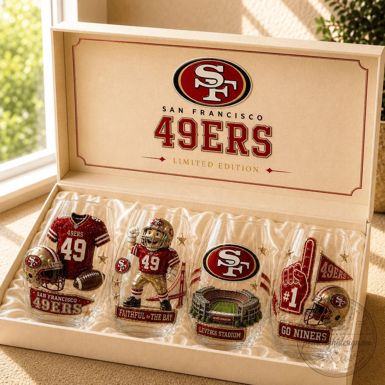 San Francisco 49ers Stemless Wine Glass Set with Gold Accents 8 San Francisco 49ers Stemless Wine Glass Set with Gold Accents