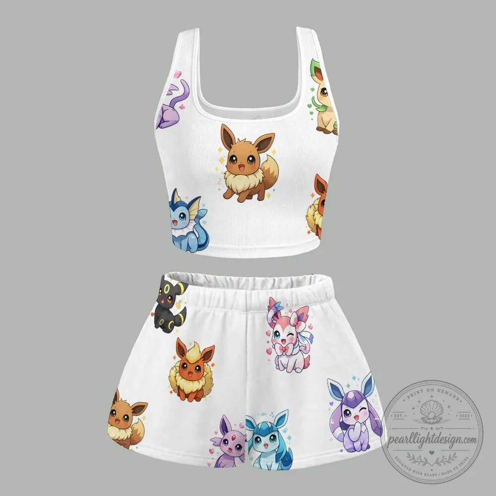 Eevee Evolution Pokemon Cute Cartoon Characters White Crop Top and Skirt Set
