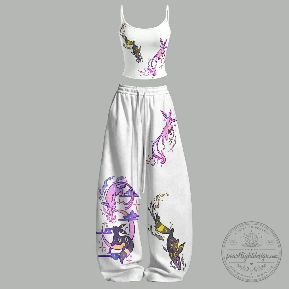 Pokemon Umbreon and Espeon Eeveelution White Crop Top and Pants Set