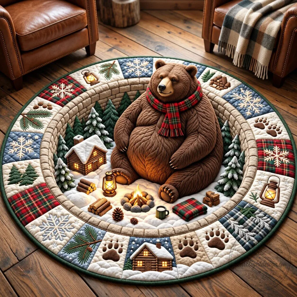 Cozy Bear Winter Campfire Quilted Round Mat Cozy Bear Winter Campfire Quilted Round Mat