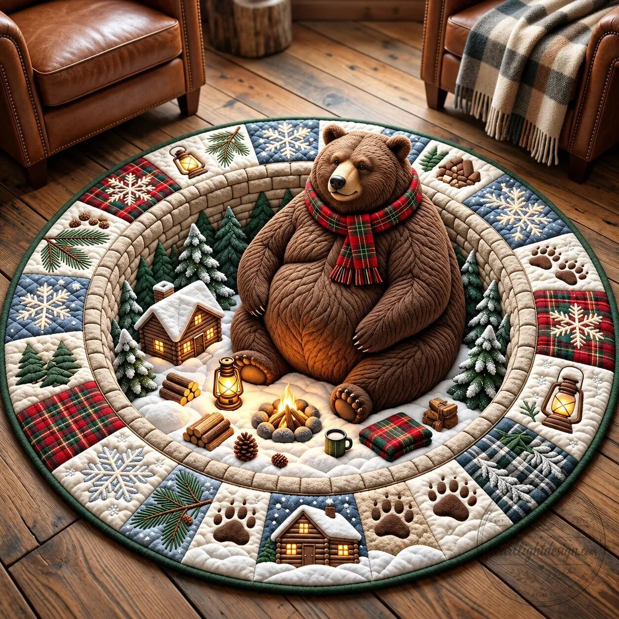 Cozy Bear Winter Campfire Quilted Round Mat 7 Cozy Bear Winter Campfire Quilted Round Mat