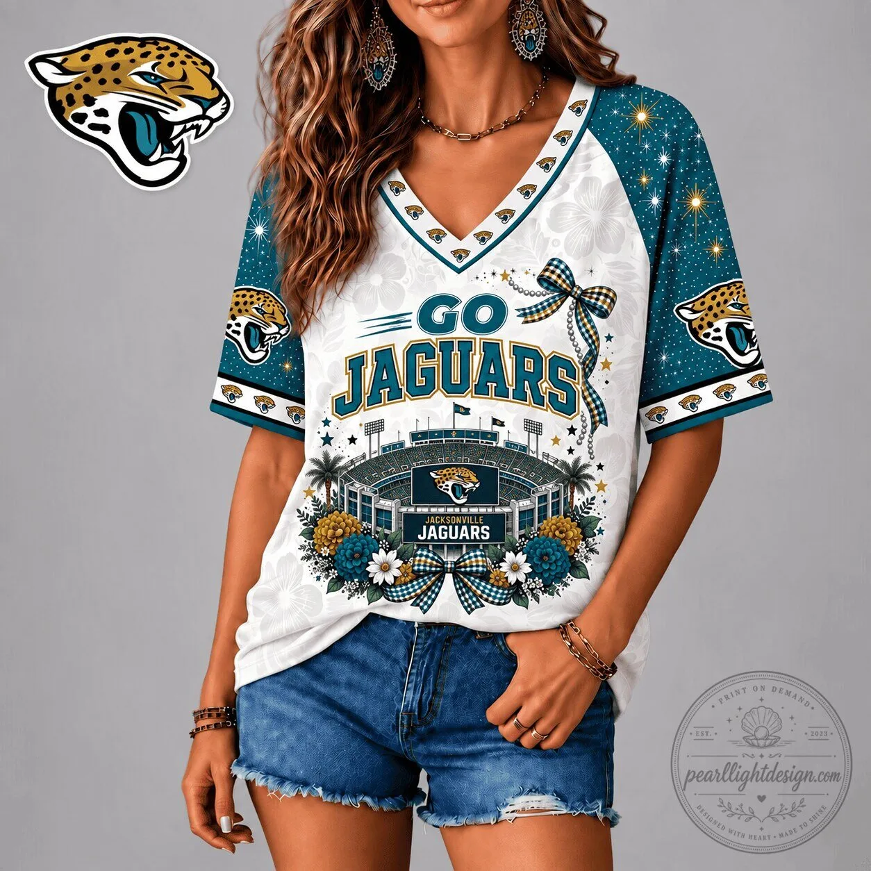 Jacksonville Jaguars Go Jaguars Patriotic Floral Bow V-Neck T-Shirt 3 Jacksonville Jaguars Go Jaguars Patriotic Floral Bow V-Neck T-Shirt