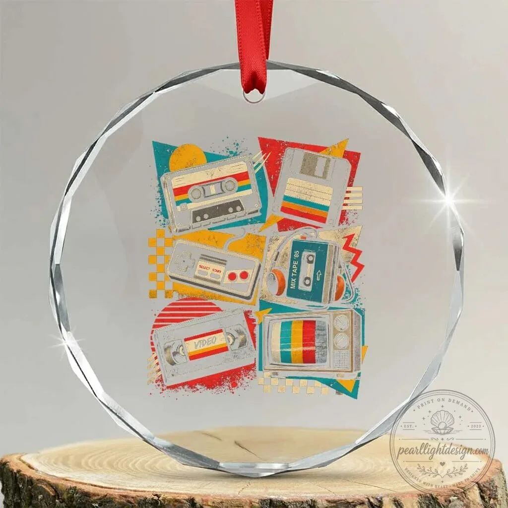 Vintage 80s 90s Retro Cassette Tape Floppy Disk Graphic Crystal Glass Ornament