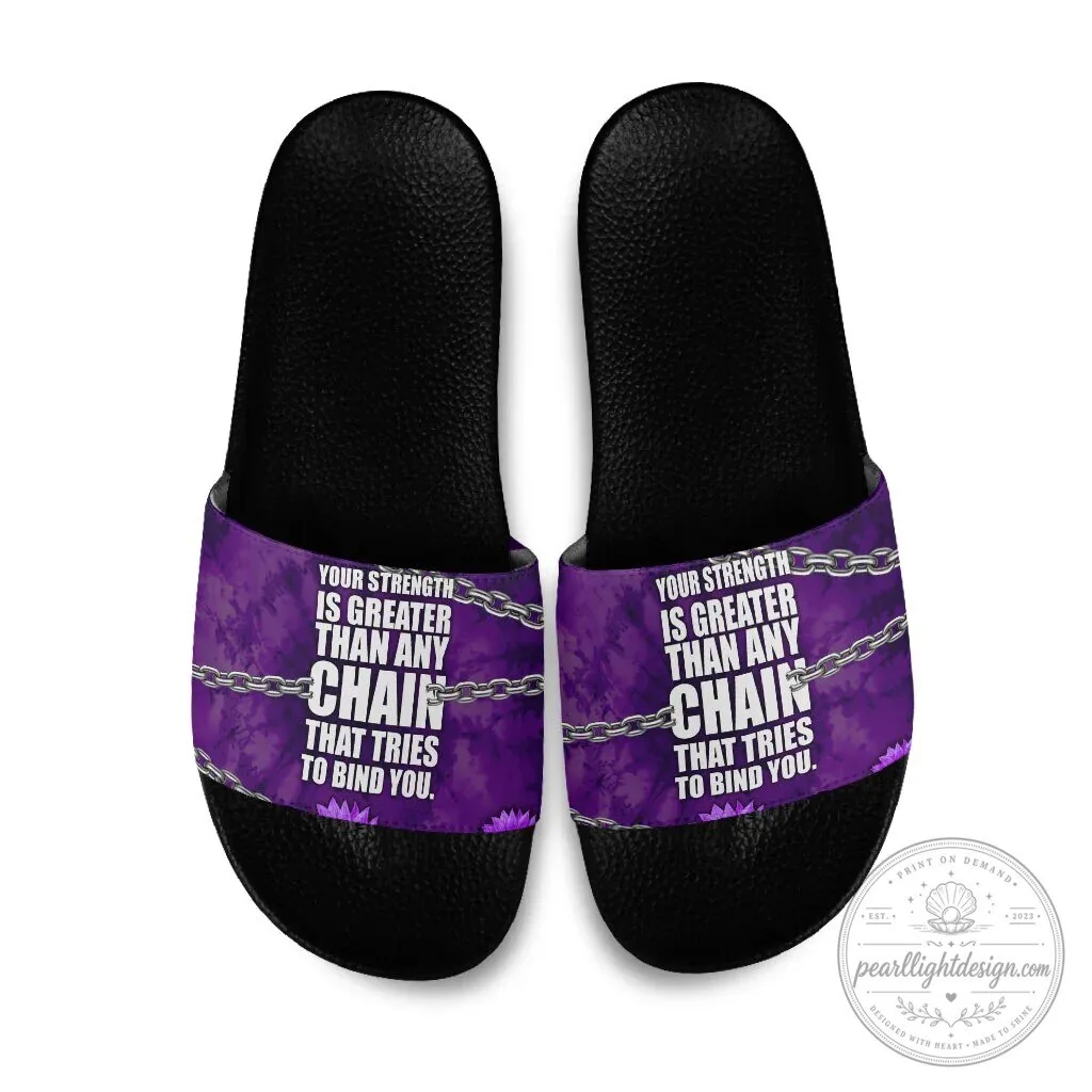 Domestic Violence Awareness Purple Chain Strength Quote Slide Sandals