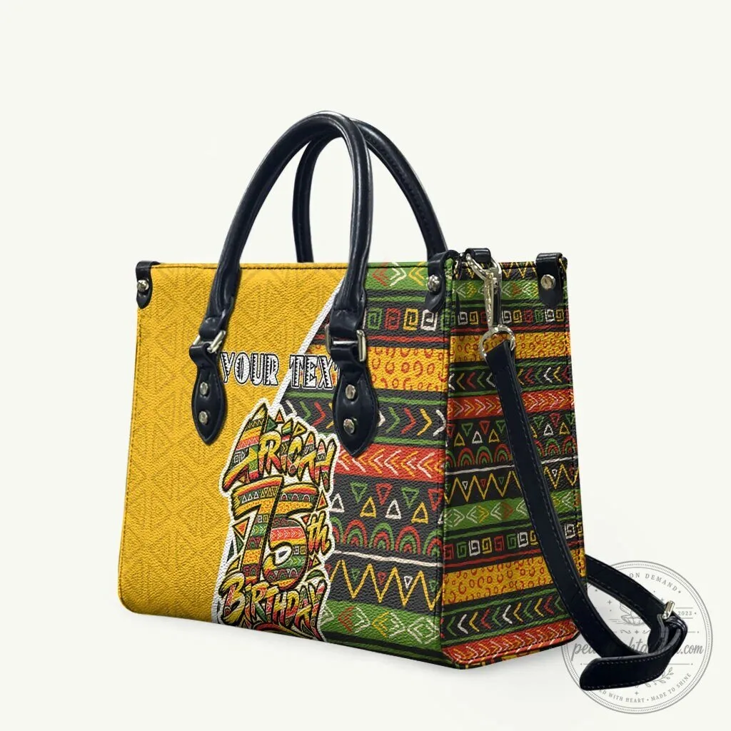 Personalized African 75th Birthday Leather Handbag Colorful Tribal Geometric Heritage Pattern