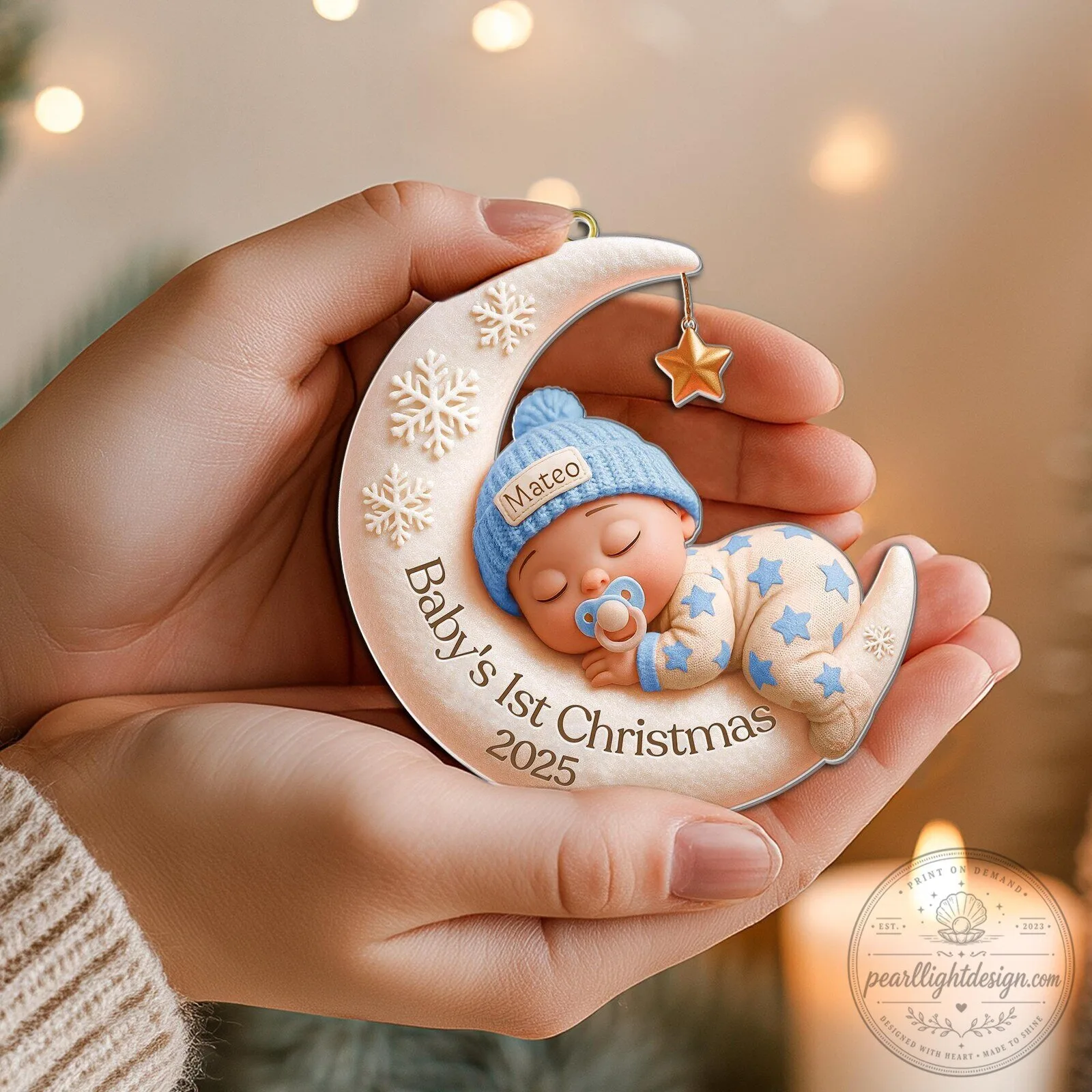 Personalized Baby's First Christmas 2025 Moon and Star Ornament 9 Personalized Baby