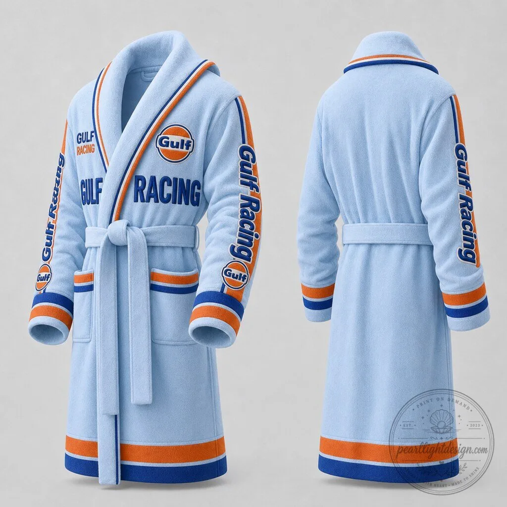 Gulf Racing Light Blue Plush Terry Cloth Robe for Men 3 Gulf Racing Light Blue Plush Terry Cloth Robe for Men
