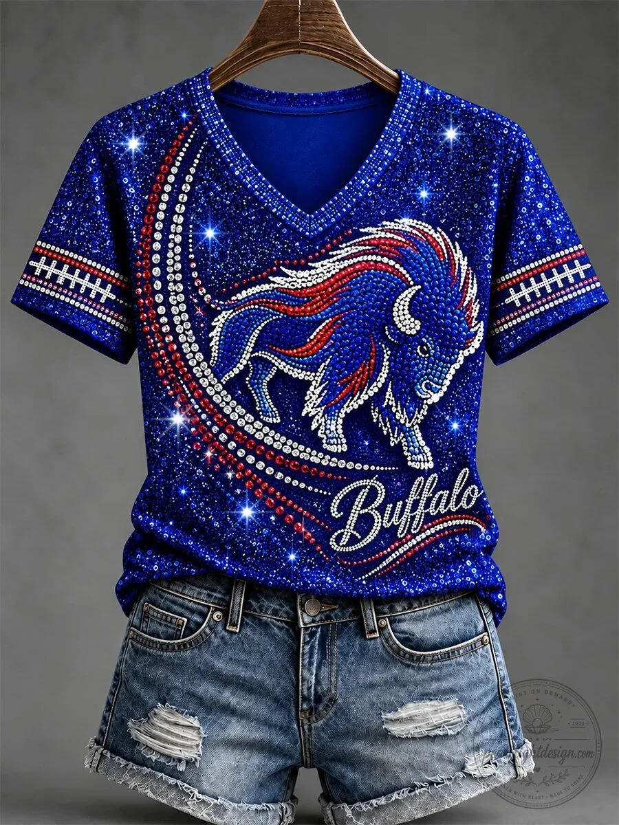 Buffalo Football Team Sparkle Rhinestone V-Neck Short Sleeve T-Shirt for Women
