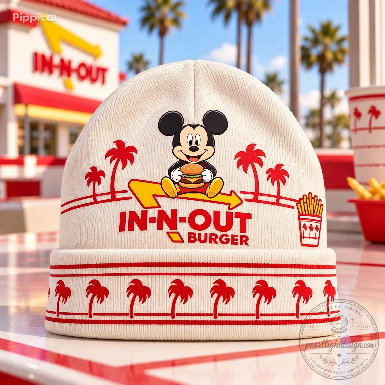 In-N-Out Burger Mickey Mouse Palm Tree Fast Food Beanie Hat 2 In-N-Out Burger Mickey Mouse Palm Tree Fast Food Beanie Hat