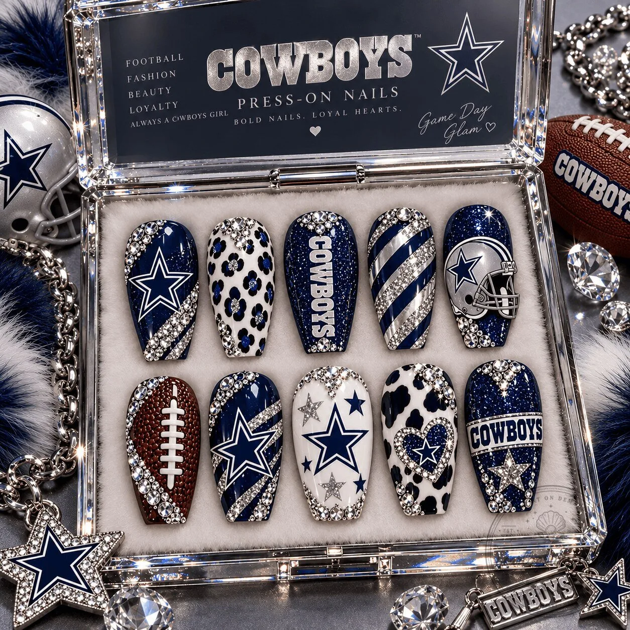 Dallas Cowboys Football Glam Rhinestone Press-On Nails Set for Game Day