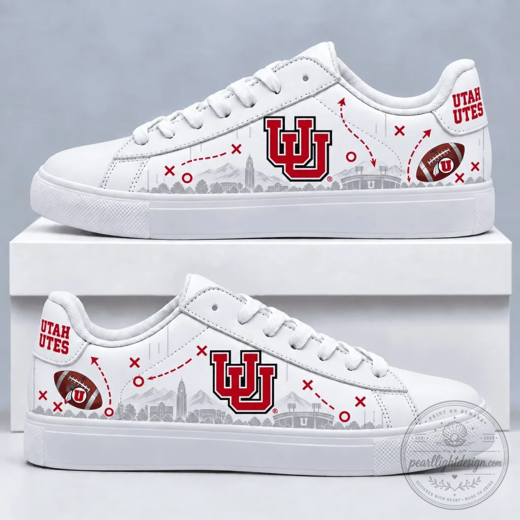 Utah Utes Football Team Logo White Low Top Sneakers Utah Utes Football Team Logo White Low Top Sneakers