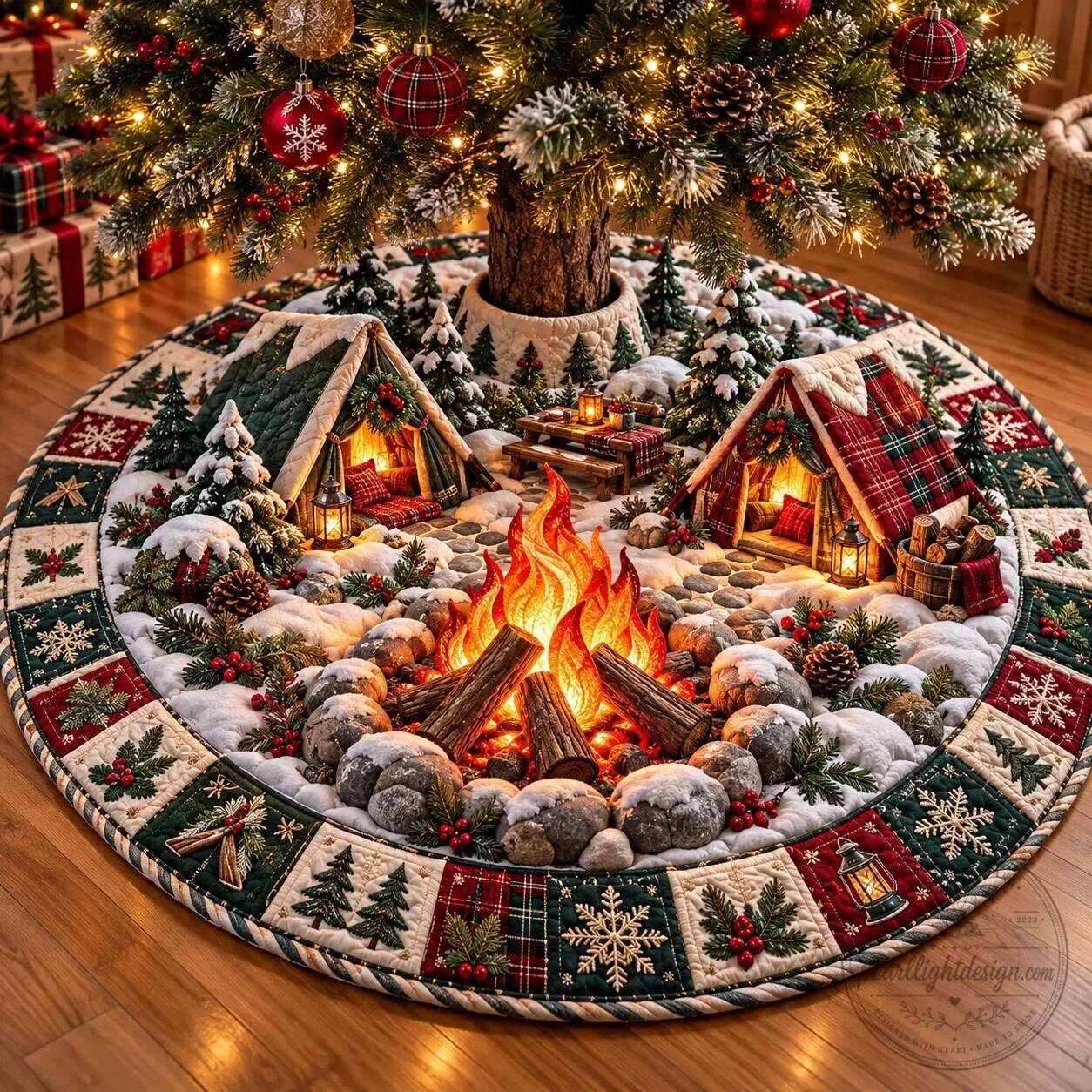 Christmas Campfire Quilted Tree Skirt with Snowy Tent and Fireplace Design