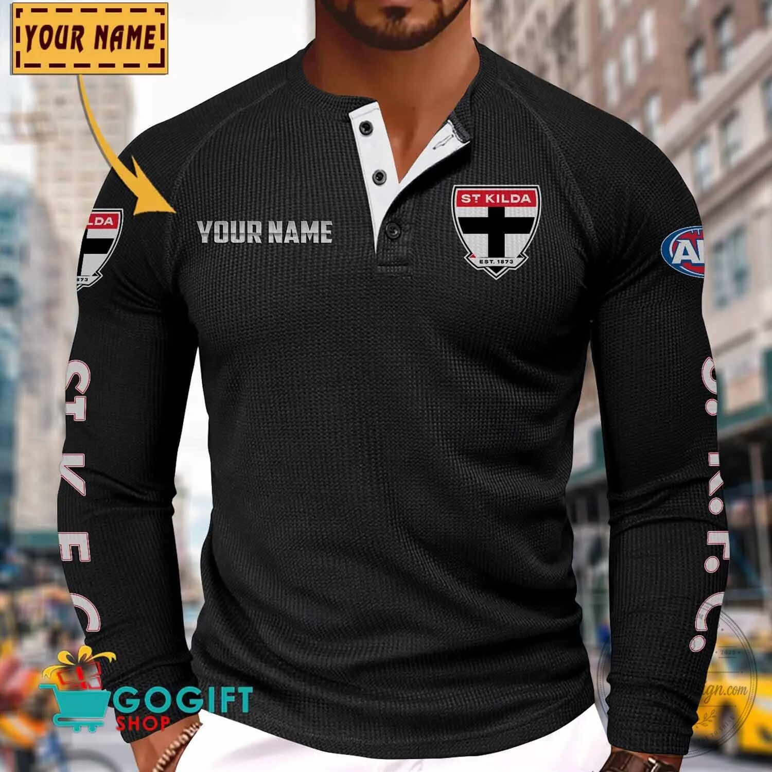 St Kilda Football Club Personalized Black Long Sleeve Henley Shirt