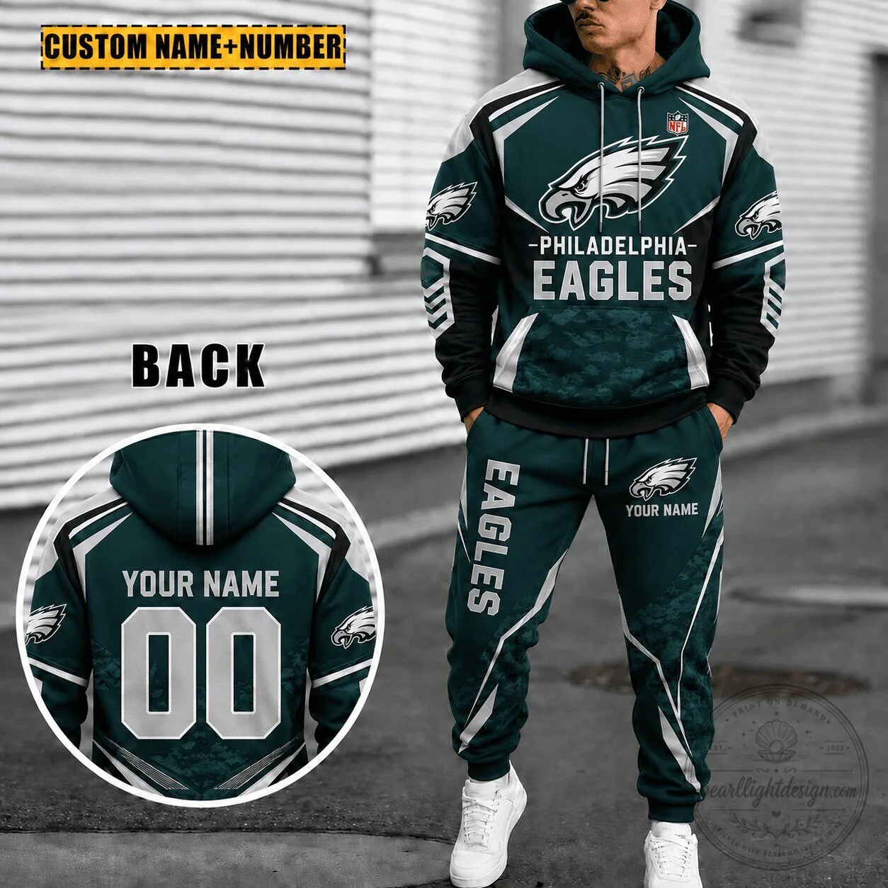 Customizable Hoodie and Sweatpants Set for Philadelphia Eagles Fans with Name and Number