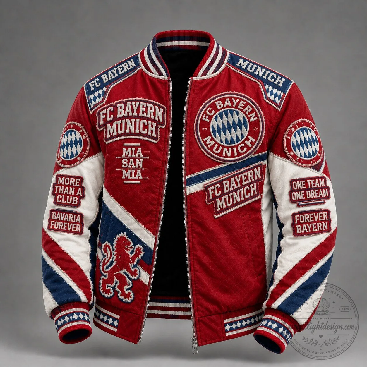 FC Bayern Munich Varsity Bomber Jacket, Red White and Blue Patchwork Design