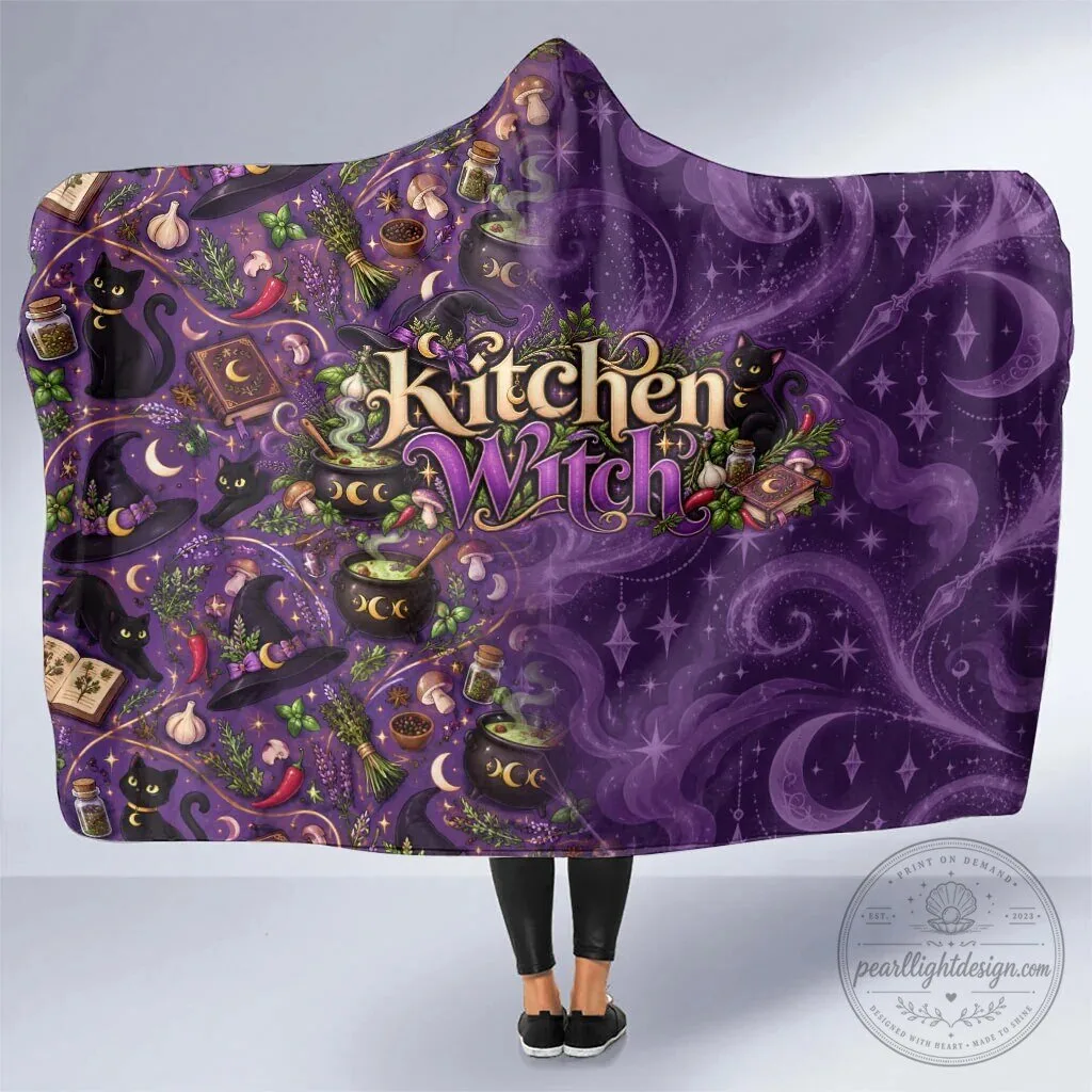 Kitchen Witch Mystical Herbs and Black Cat Cozy Hooded Blanket