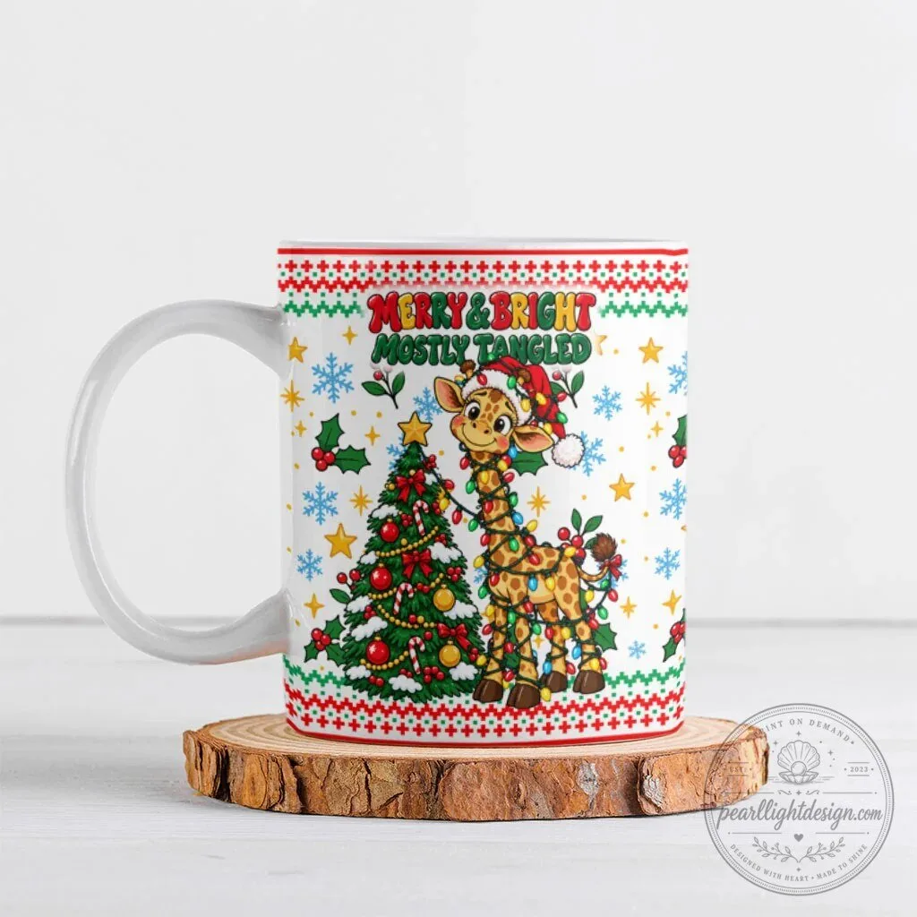 Merry and Bright Mostly Tangled Christmas Giraffe Lights White Ceramic Mug