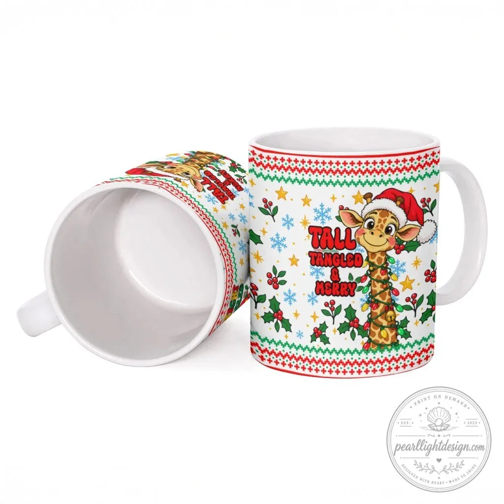 Merry and Bright Mostly Tangled Christmas Giraffe Lights White Ceramic Mug 11 Merry and Bright Mostly Tangled Christmas Giraffe Lights White Ceramic Mug