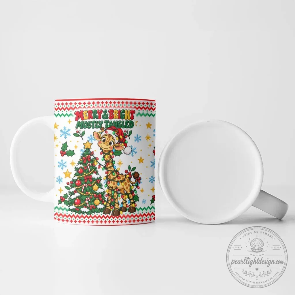 Merry and Bright Mostly Tangled Christmas Giraffe Lights White Ceramic Mug 12 Merry and Bright Mostly Tangled Christmas Giraffe Lights White Ceramic Mug