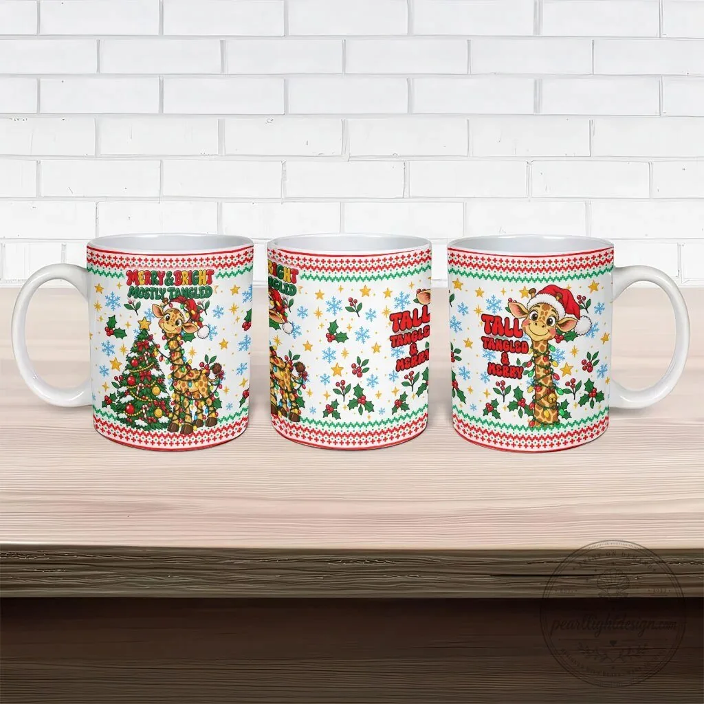 Merry and Bright Mostly Tangled Christmas Giraffe Lights White Ceramic Mug 13 Merry and Bright Mostly Tangled Christmas Giraffe Lights White Ceramic Mug
