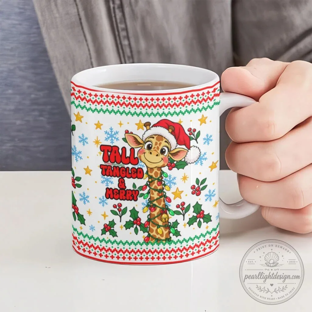 Merry and Bright Mostly Tangled Christmas Giraffe Lights White Ceramic Mug 14 Merry and Bright Mostly Tangled Christmas Giraffe Lights White Ceramic Mug