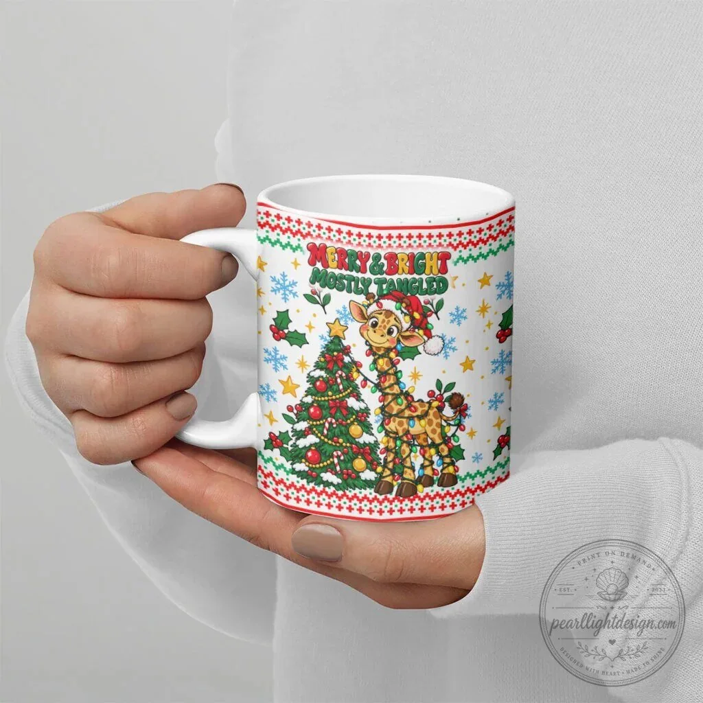 Merry and Bright Mostly Tangled Christmas Giraffe Lights White Ceramic Mug 15 Merry and Bright Mostly Tangled Christmas Giraffe Lights White Ceramic Mug