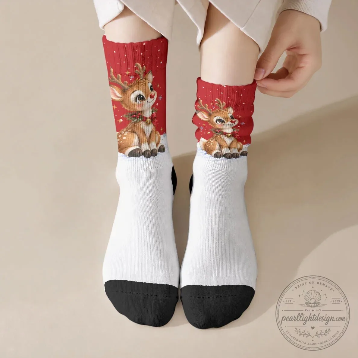 Cute Reindeer Boop Christmas Crew Socks The Red Nose Festive Vintage Winter Snow