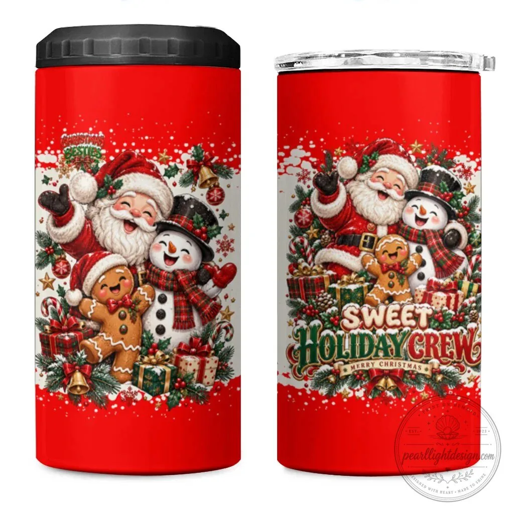 Sweet Holiday Crew Santa Snowman Gingerbread Christmas Can Cooler Tumbler