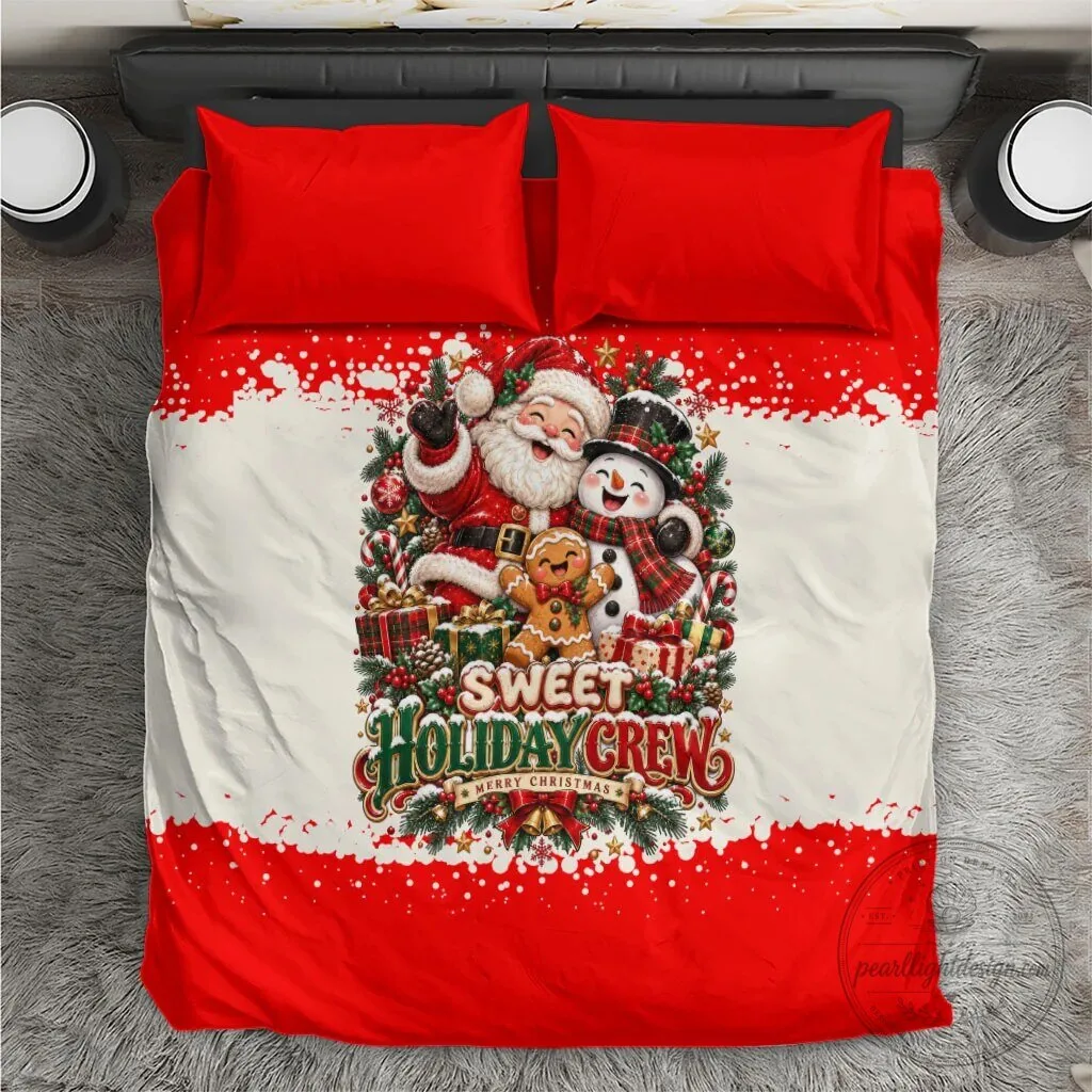 Sweet Holiday Crew Merry Christmas Santa Snowman Gingerbread Bedding Set