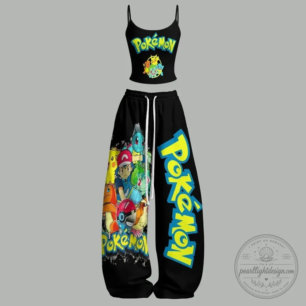 Los Angeles Rams NFL Fan Bartender T-Shirt 5 Pokemon Anime Characters Black Crop Top and Jogger Pants Set