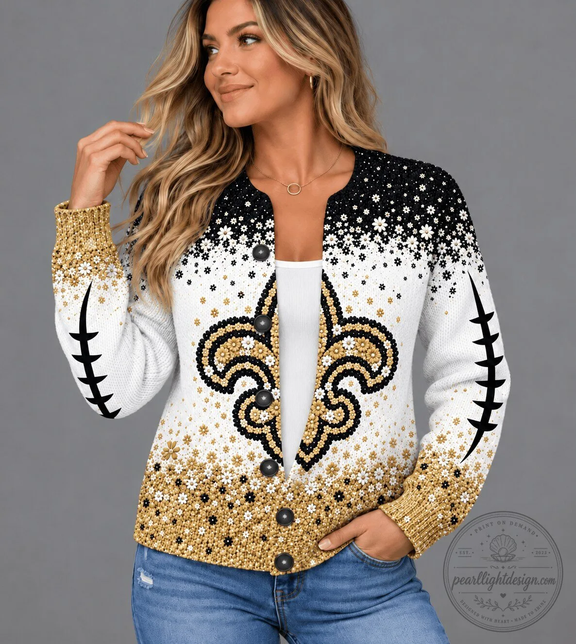 New Orleans Saints Floral Pattern Cardigan Sweater