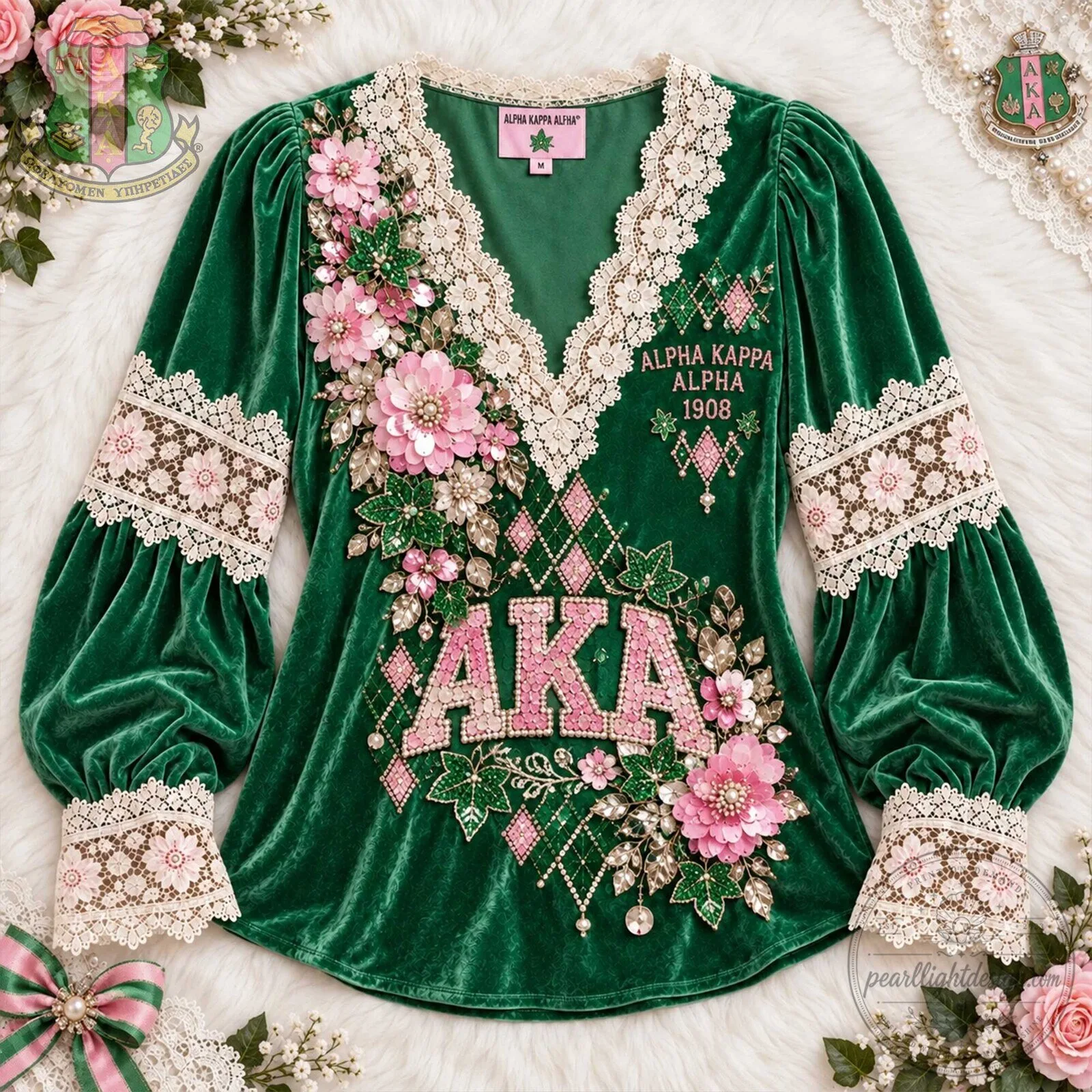 Alpha Kappa Alpha Sorority Green Velvet Long Sleeve Shirt