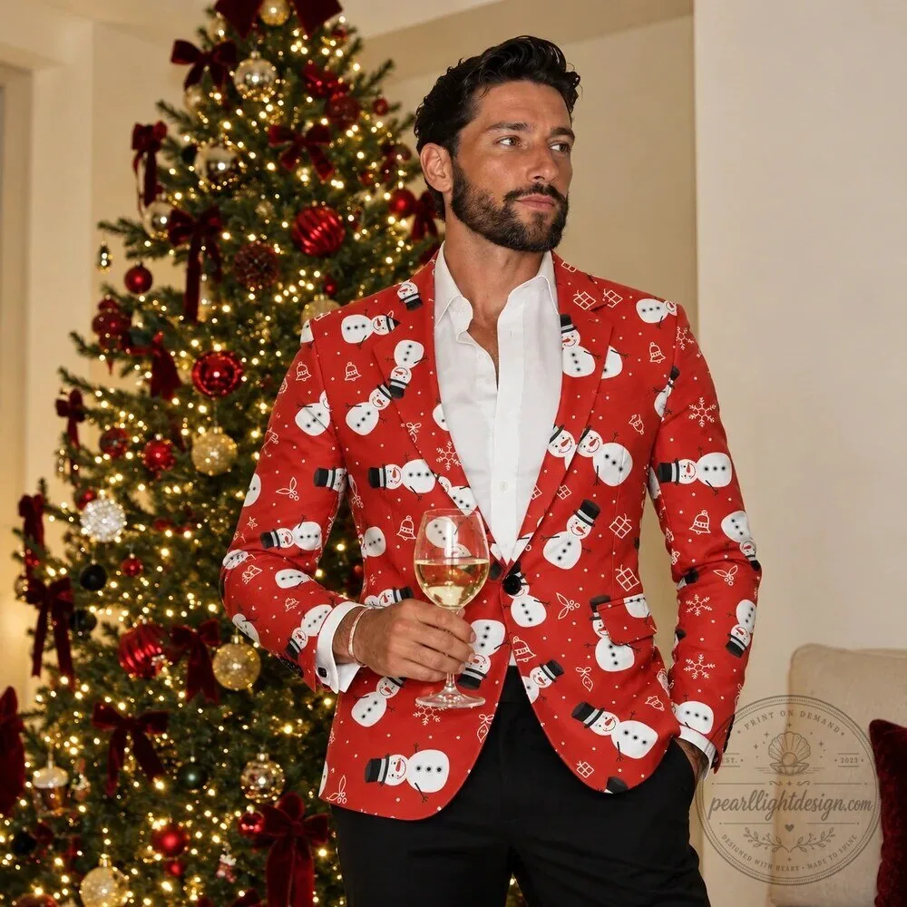 Merry and Bright Snowman Christmas Holiday Party Blazer Jacket for Men
