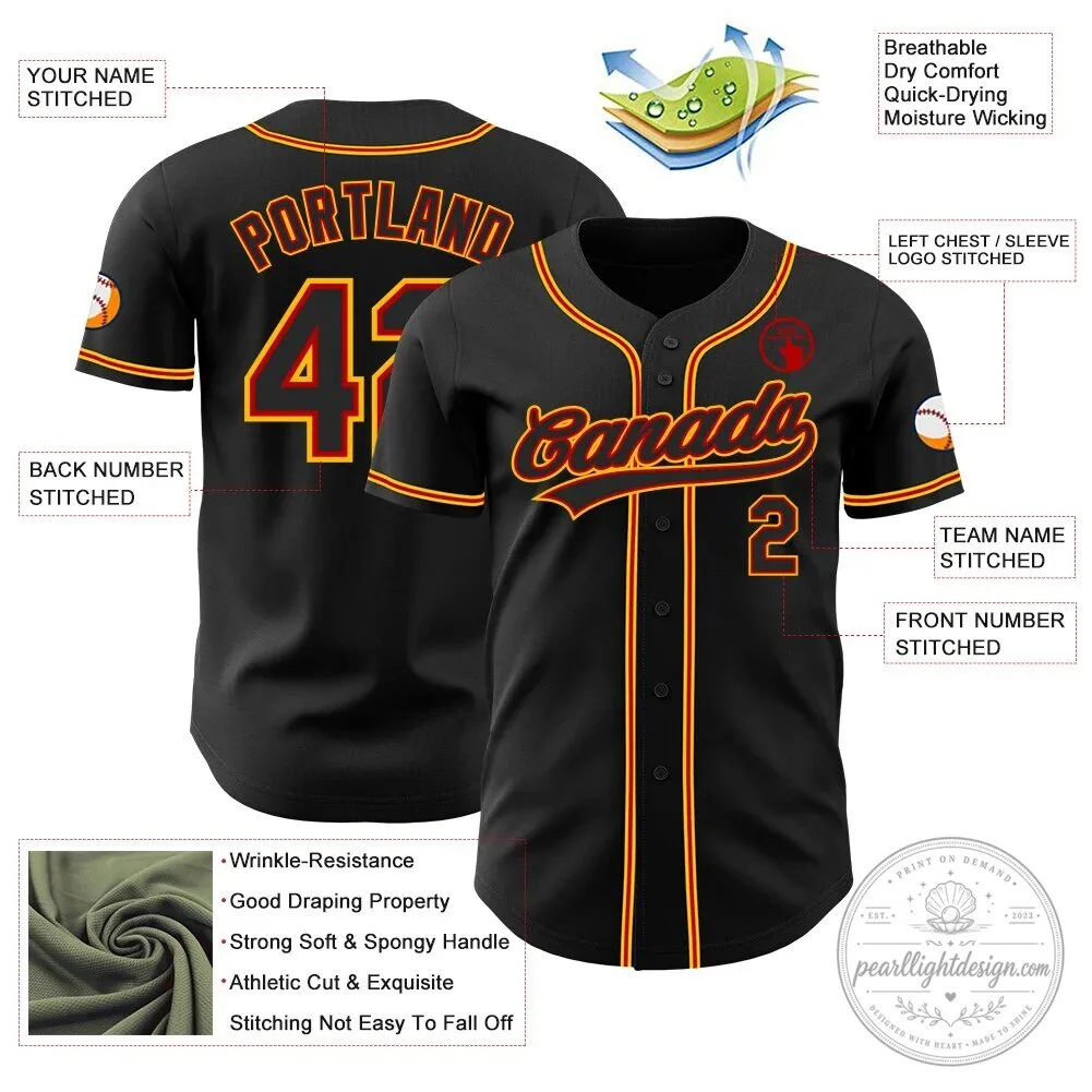 Custom Black Red Gold Authentic Baseball Jersey with Personalized Name and Number 11 Custom Black Red Gold Authentic Baseball Jersey with Personalized Name and Number