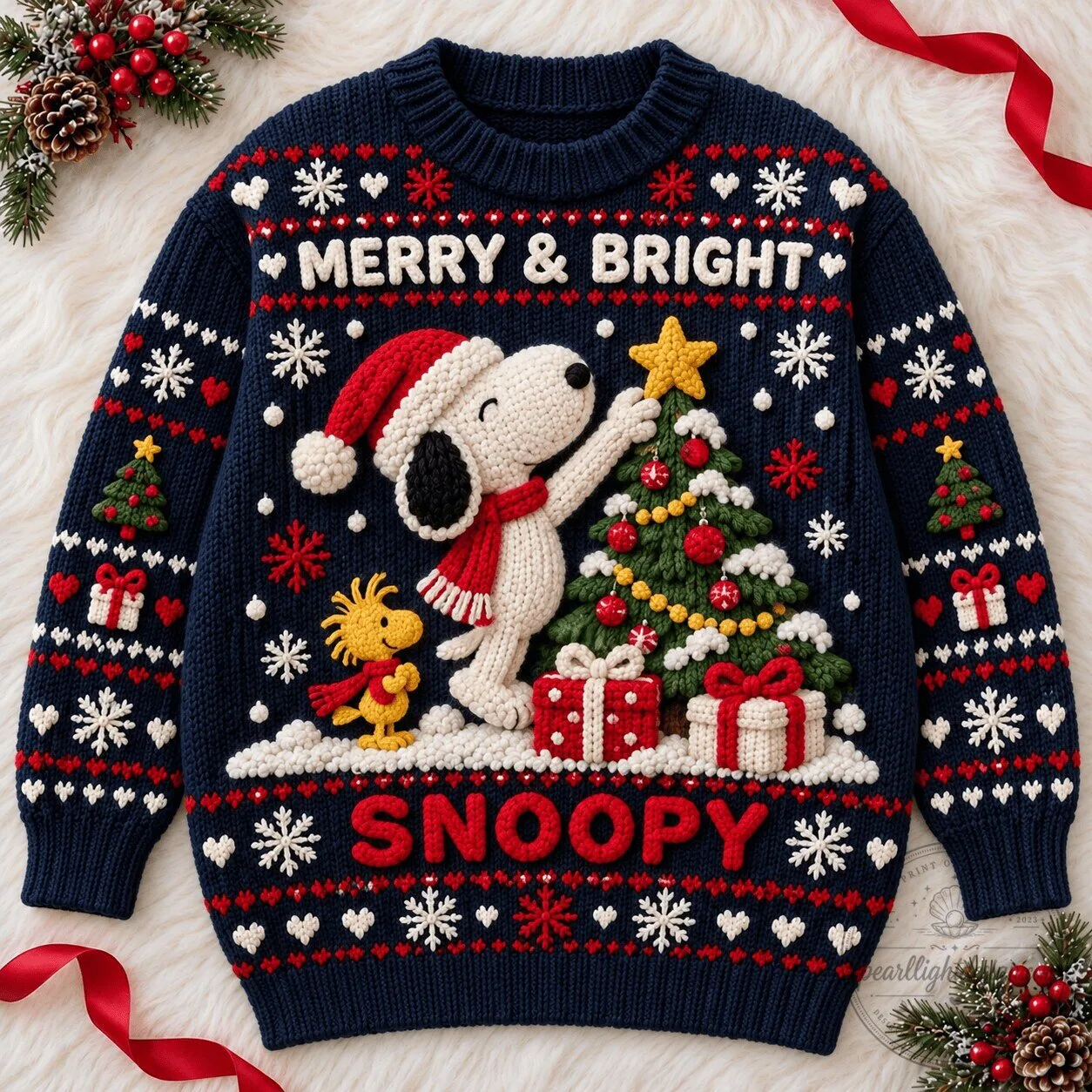 Knitted Crewneck Sweater for Christmas Featuring Merry and Bright Snoopy Design