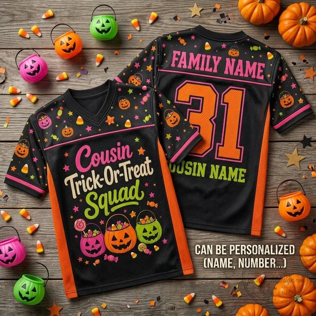 Personalized Cousin Trick-Or-Treat Squad Halloween Football Jersey Custom Family Name
