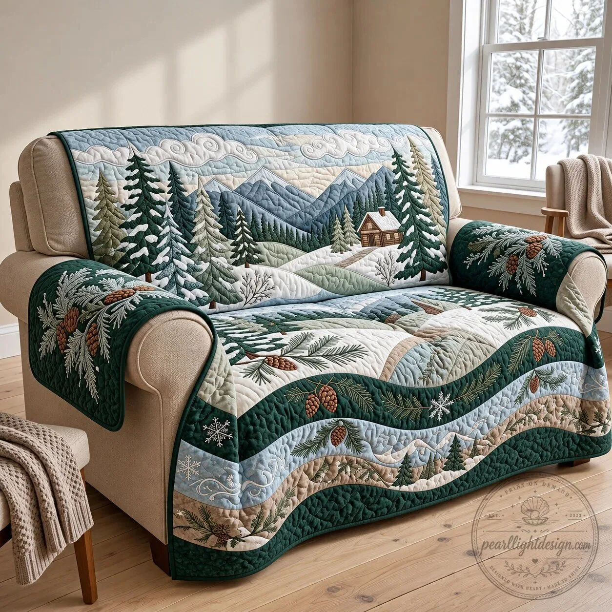 Winter Woodland Quilted Sofa Cover with Pine Trees and Mountain Cabin Design 5 Winter Woodland Quilted Sofa Cover with Pine Trees and Mountain Cabin Design