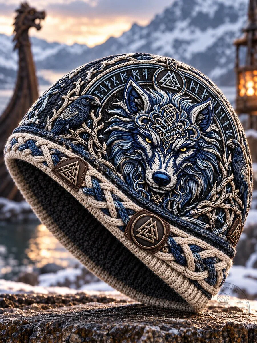 Viking Wolf Head Fenrir Runic Knotwork Norse Mythology Knit Beanie Hat