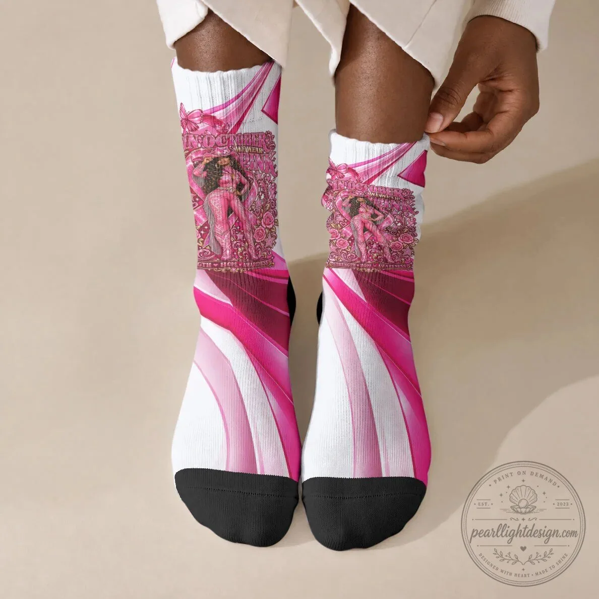 Western Wear Cowgirl Breast Cancer Awareness Pink Ribbon Crew Socks
