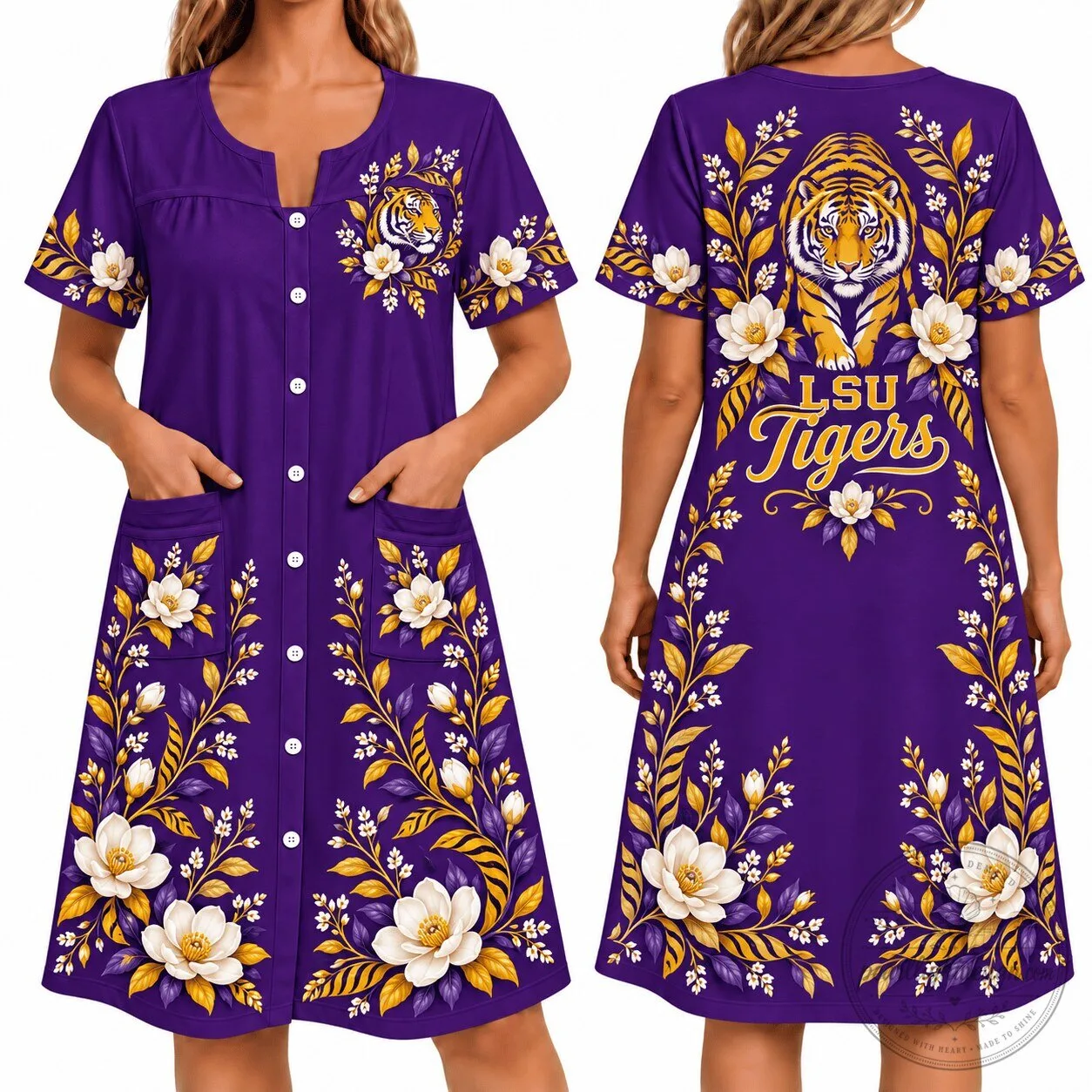 LSU Tigers Floral Pattern Women's Button Front House Dress with Pockets 2 LSU Tigers Floral Pattern Women's Button Front House Dress with Pockets