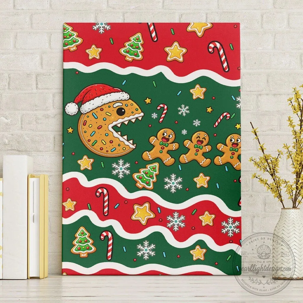 Christmas Gingerbread Cookie Pac-Man Arcade Game Holiday Canvas Wall Art