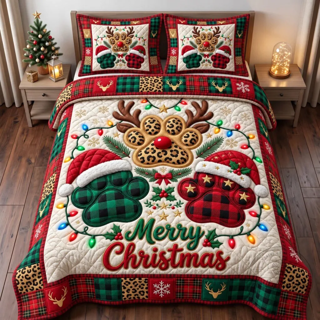 Merry Christmas Reindeer Paw Print Plaid Holiday Quilted Bedding Set 39 Merry Christmas Reindeer Paw Print Plaid Holiday Quilted Bedding Set